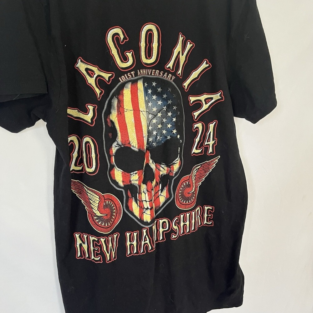Laconia New Hampshire Motorcycle T-Shirt Medium Black American Flag Skull - Picture 4 of 6